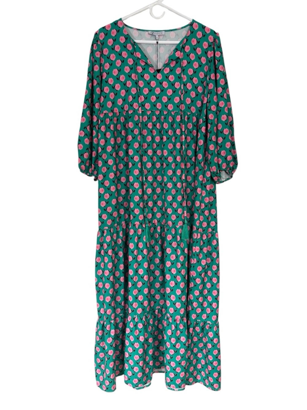 NWT Collection By Cezele Green And Pink Tiered Floral Print Maxi Dress